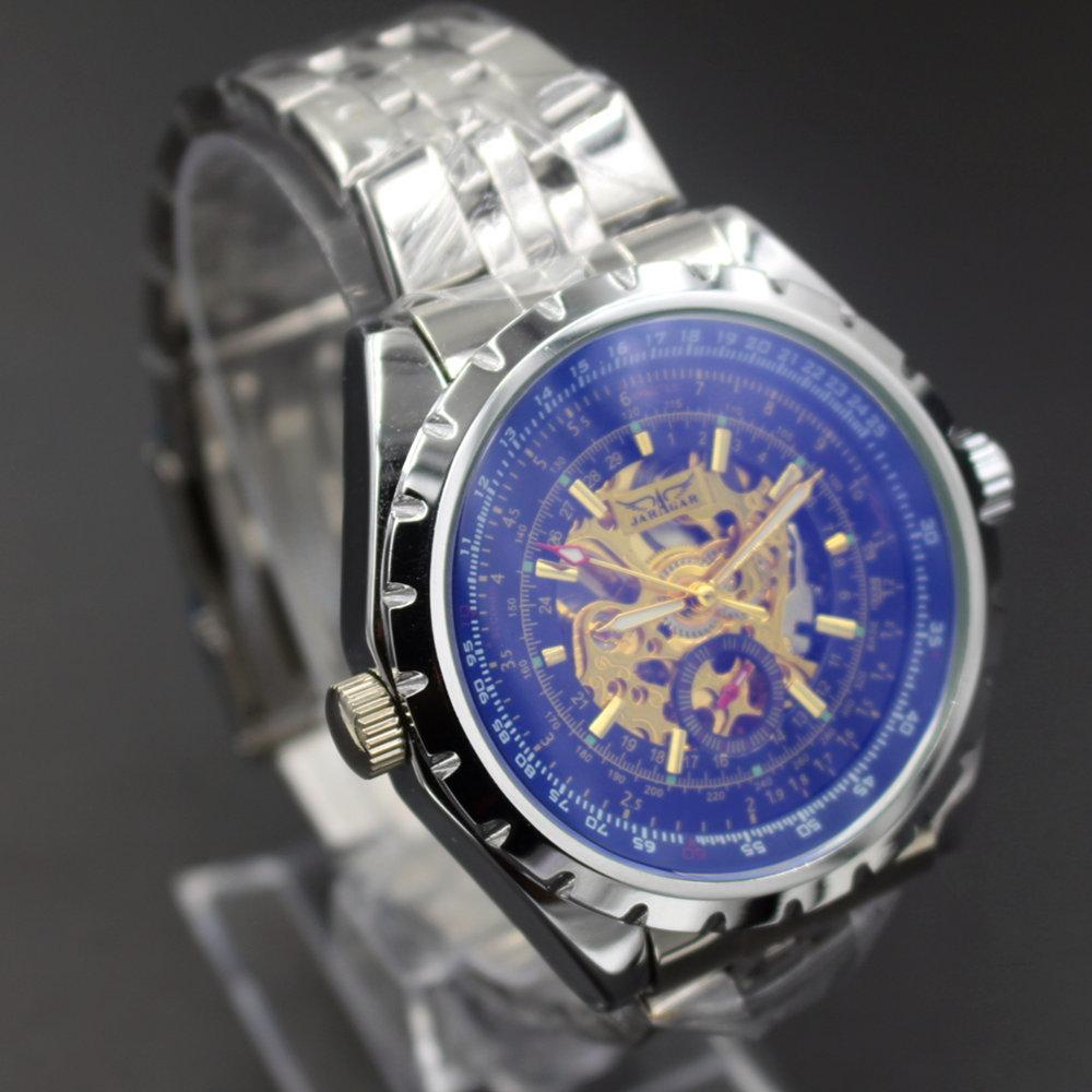 JARAGAR Golden Skeleton Watches Men Luxury Brand Silver Stainless Steel Auto Self-wind Mechanical Watch Sport Relogio Masculino