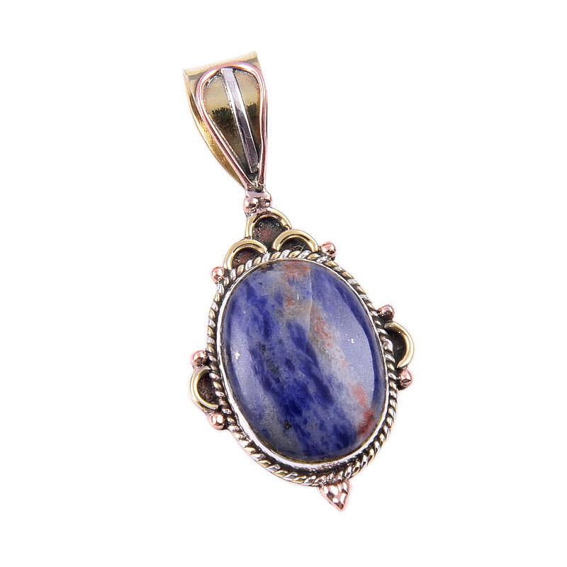 Natural Sodalite Gemstone 925 Solid Sterling Silver Two Tone Pendant 1.50" G2L89