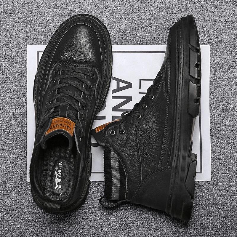 2025 Autumn New Men Leather Boots Street Fashion High Tops Leather Casual Shoes Man Outdoor Ankle Boots