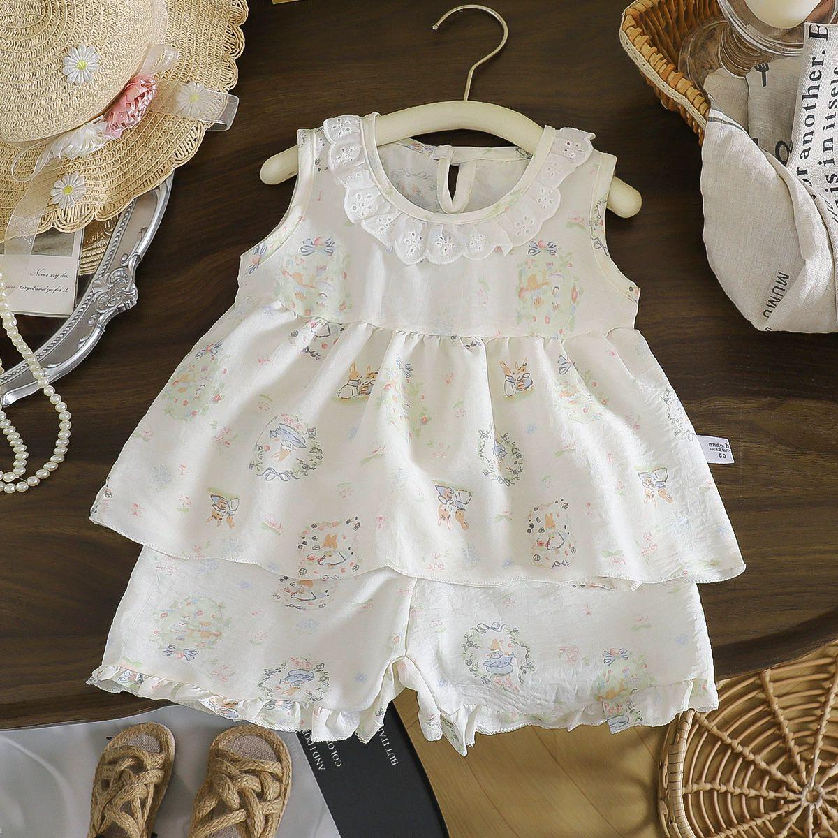 Girls Summer Sweet Princess Sleeveless Top With Lace Trim Shorts Doll Collar Vest Dress Two Piece Set 100cm