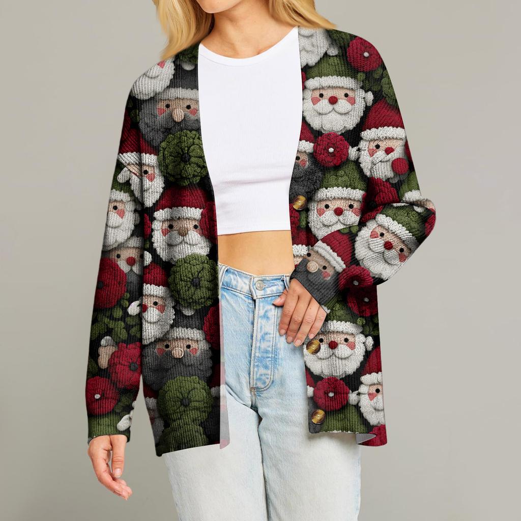 Women's Fashion Long Sleeve Print V-Neck Button Loose Cardigan Top