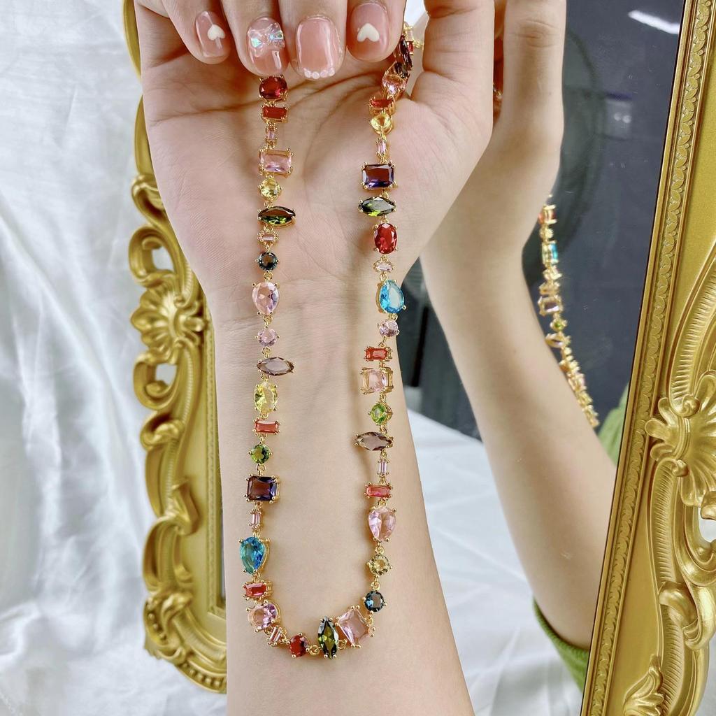 Women's Square Crystal Rainbow Jewelry Set: Bracelet, Necklace & 18K Gold Plated Earrings