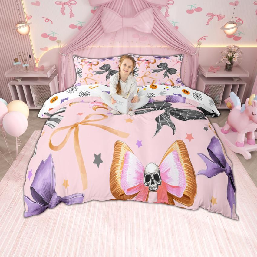 Homewish Set Copripiumino con Fiocco per Bambine Set Biancheria da Letto con Fiocco e Nastro da Principessa Set Copripiumino a Quadri con Fiocco