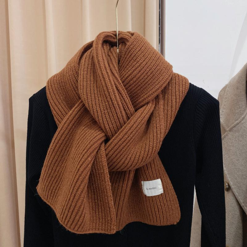 Korean version autumn and winter soft knitted wool scarf female versatile warm student solid color scarf thickened couple brown