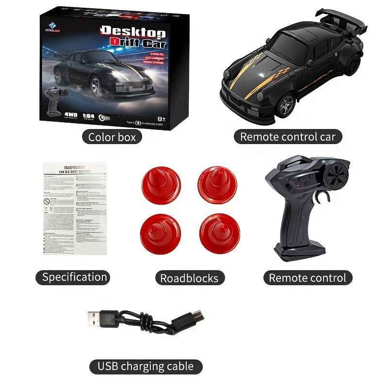 1:64 Drift Car Remote Control Toy Car 2.4GHz 4WD Luminous Front and Rear Headlights Tyre and Roadblock Tools Remote Control with Electronic Locator