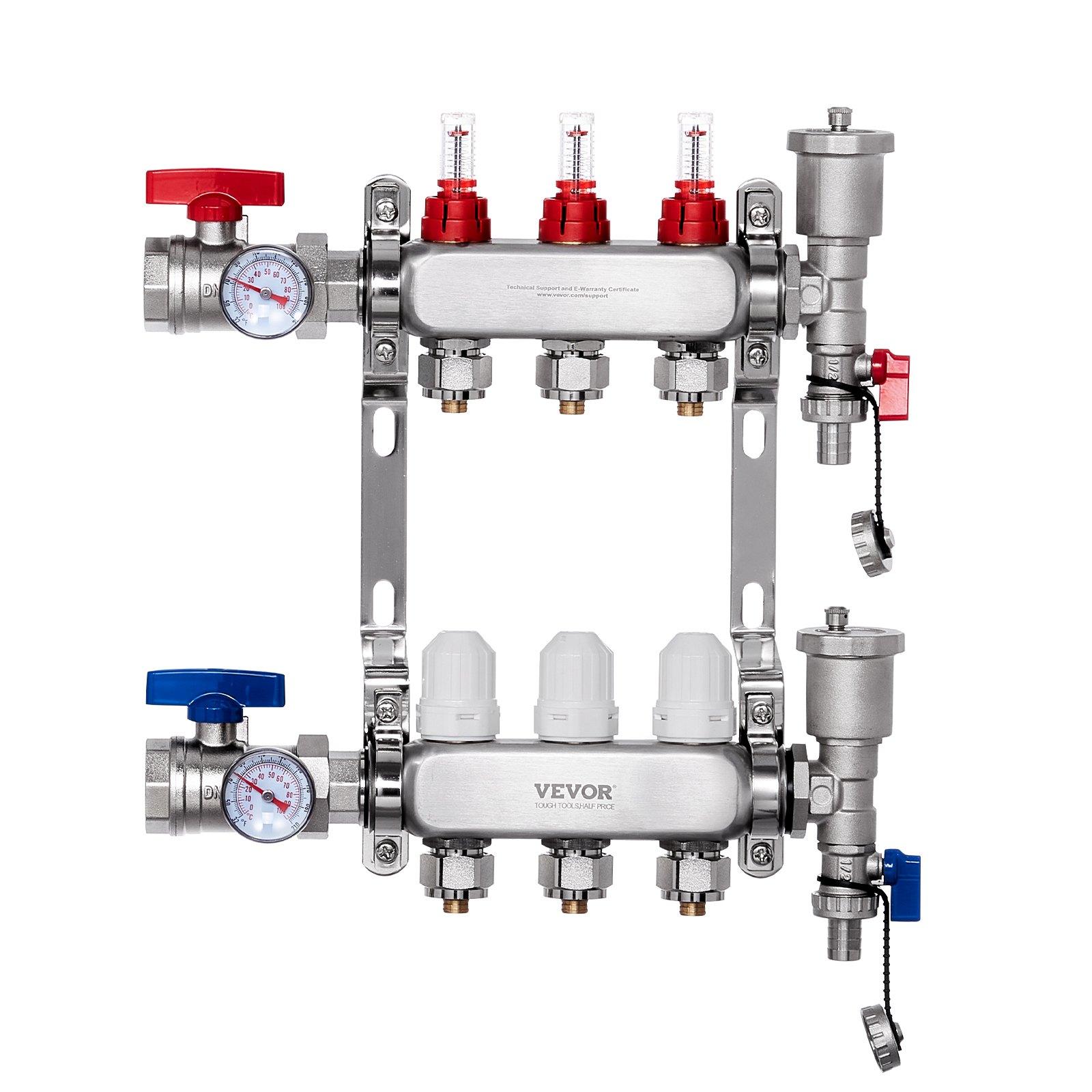 VEVOR 3-Branch Radiant Heat Manifold, 1/2
