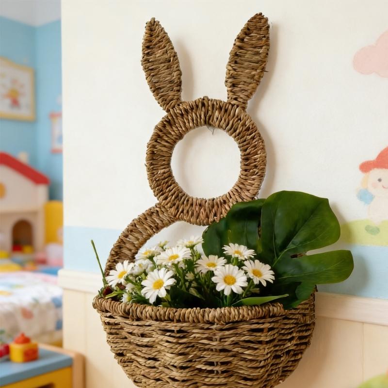Handwoven Rabbits Ear Shape Flower Basket Natural Rattan Breathable Flower Holder for Home Decors and Storage