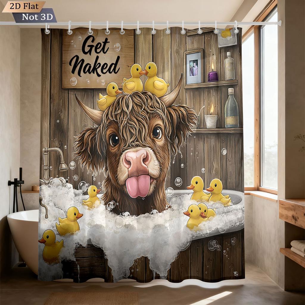 1pc Cartoon Highland Cow Rabbit Bath Print Waterproof Shower Curtain Partition Privacy Hanging Curtain Multiple Sizes 12 Hooks