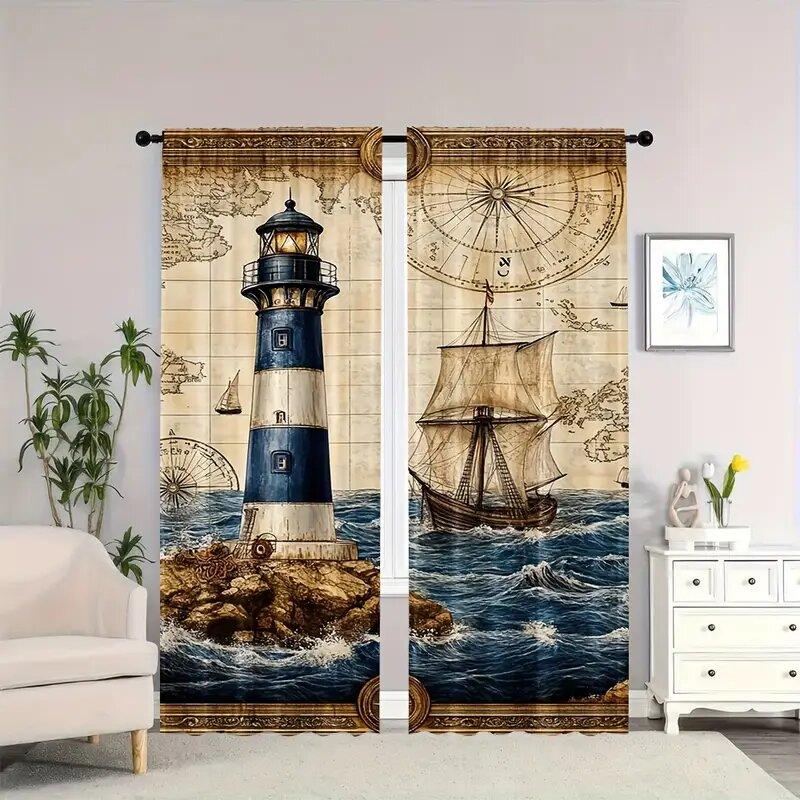 2Pcs- Nautical Style Lighthouse Pattern Printed Curtains, Window Decorations, Home Decorations, Room Decorations
