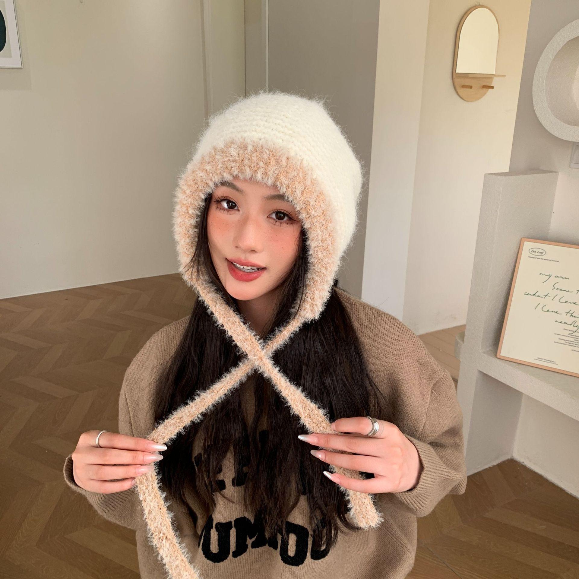 

Двухцветная вязаная шапка-мешок, шерстяная шапка, женская шапка для взрослых, теплая и ветрозащитная зимой, универсальная шапка от ветра и снега, подчеркивающая маленькое лицо белый