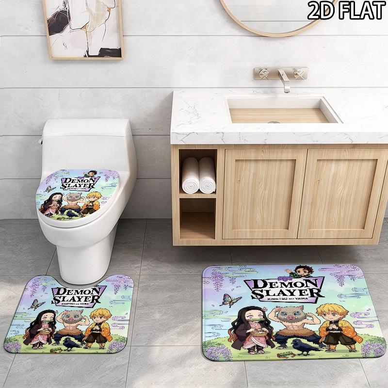 Demon Slayer Art 3Pcs Flannel Toilet Mat Set Bathroom Rug Bath Carpet Non Slip Home Decor Toilet 3 Pcs Bathroom Textile Set