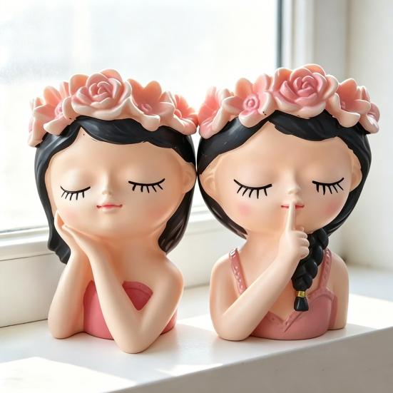 Cute Girl Planter Pot, Resin Girl Statue for Indoor Outdoor Plants, Decorative Flower Pot for Succulents, Makeup Brush & Pen Holder for Home Office