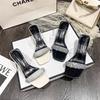 Z008 crystal high-heeled slippers 2025 summer rhinestone one-word sandals Korean version square head thick-heeled cool slippers women