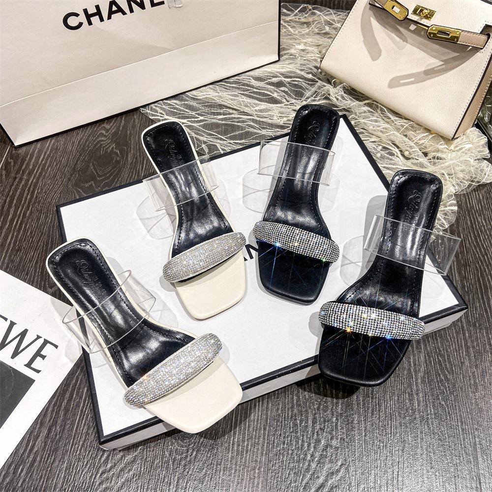 Z008 crystal high-heeled slippers 2025 summer rhinestone one-word sandals Korean version square head thick-heeled cool slippers women