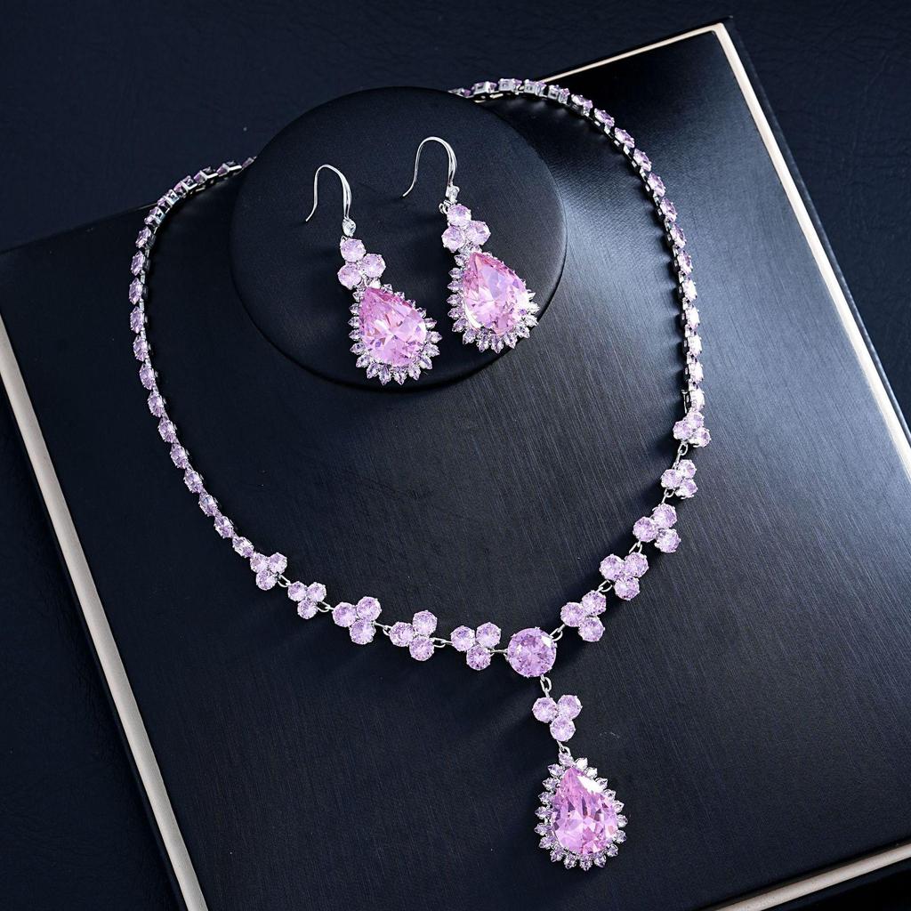 French Zirconia Water Drop Earring & Necklace Set - Elegant, Retro Clavicle Chain for a High-End Look