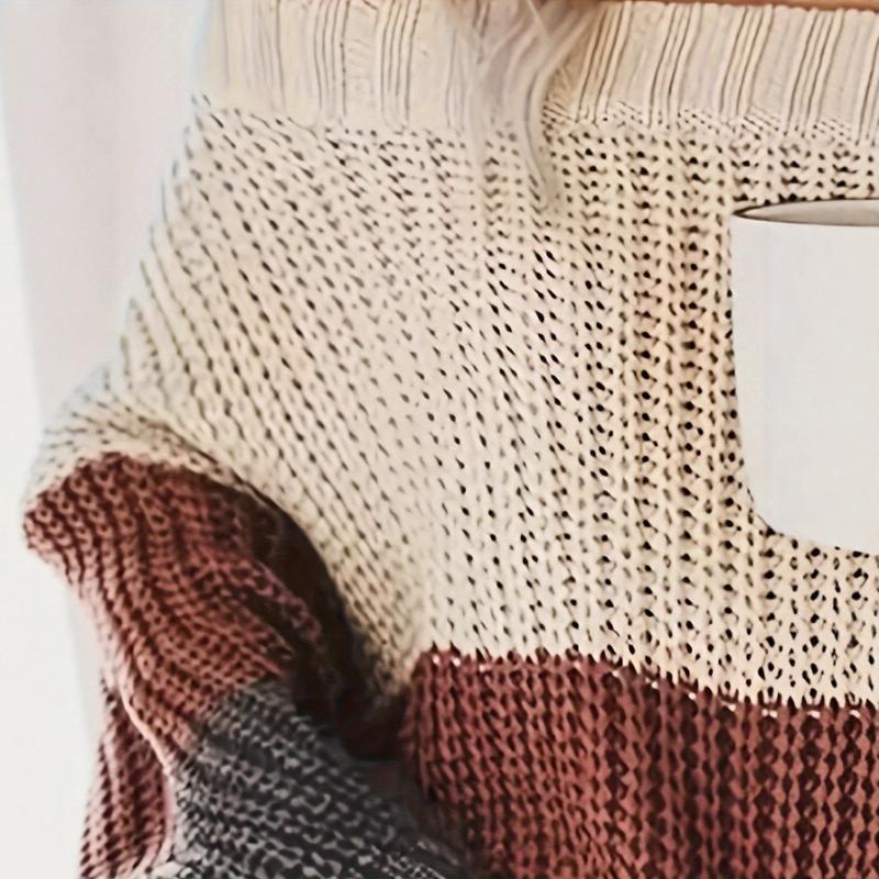 Women S Off Shoulder Long Sleeve Color Block Knit Pullover Sweater