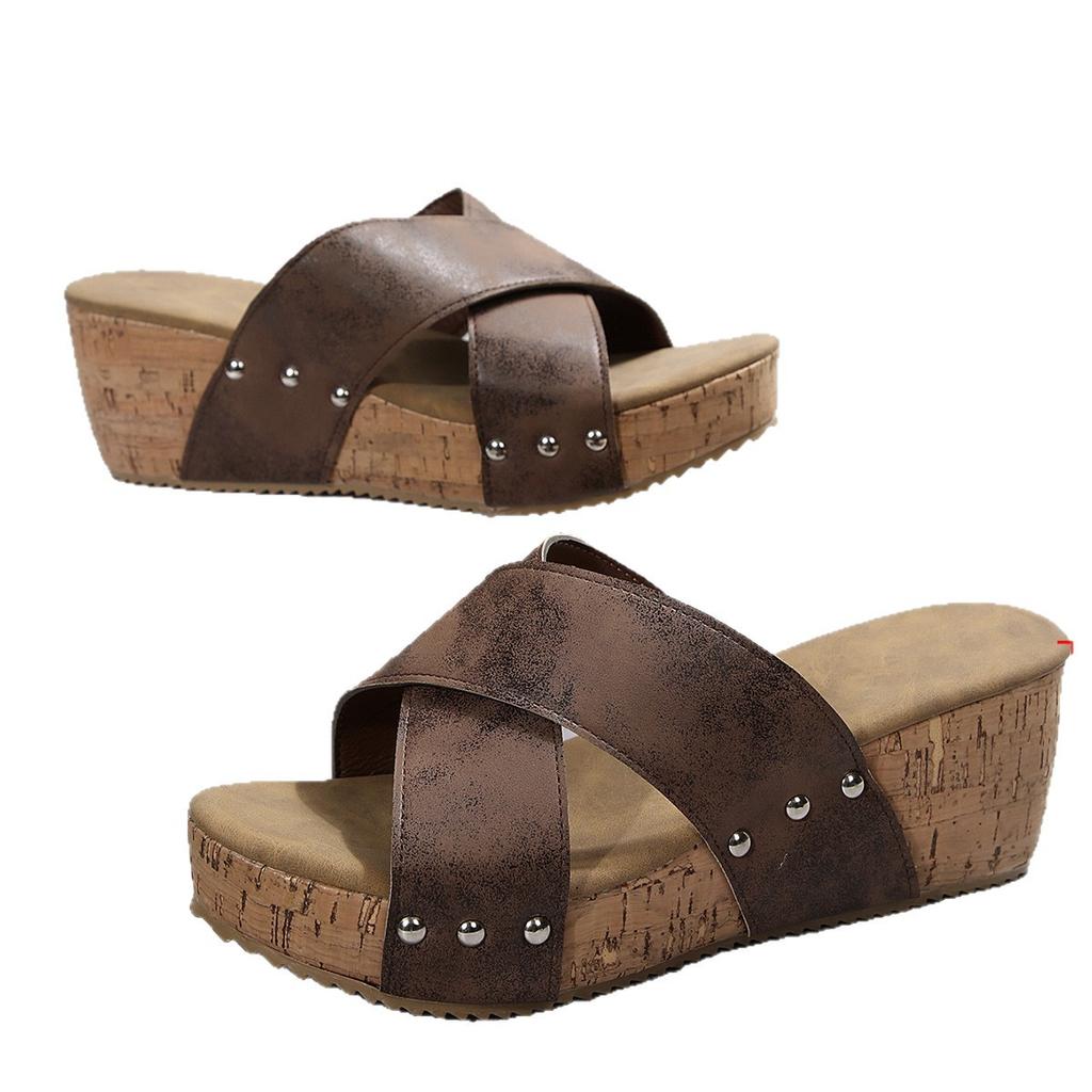 2025 New Foreign Trade Summer Women's Wedge Heel Thick-soled Slippers Wear Large Size Fish Mouth Thick-soled Wedge Slippers