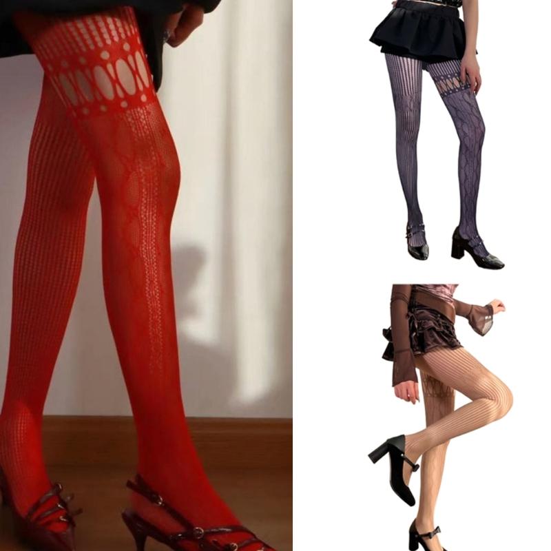 Women Aesthetic Sexy Hollowed Out Fishnet Pantyhose Asymmetrical Lace Patchwork Patterned See Through Tights Stockings