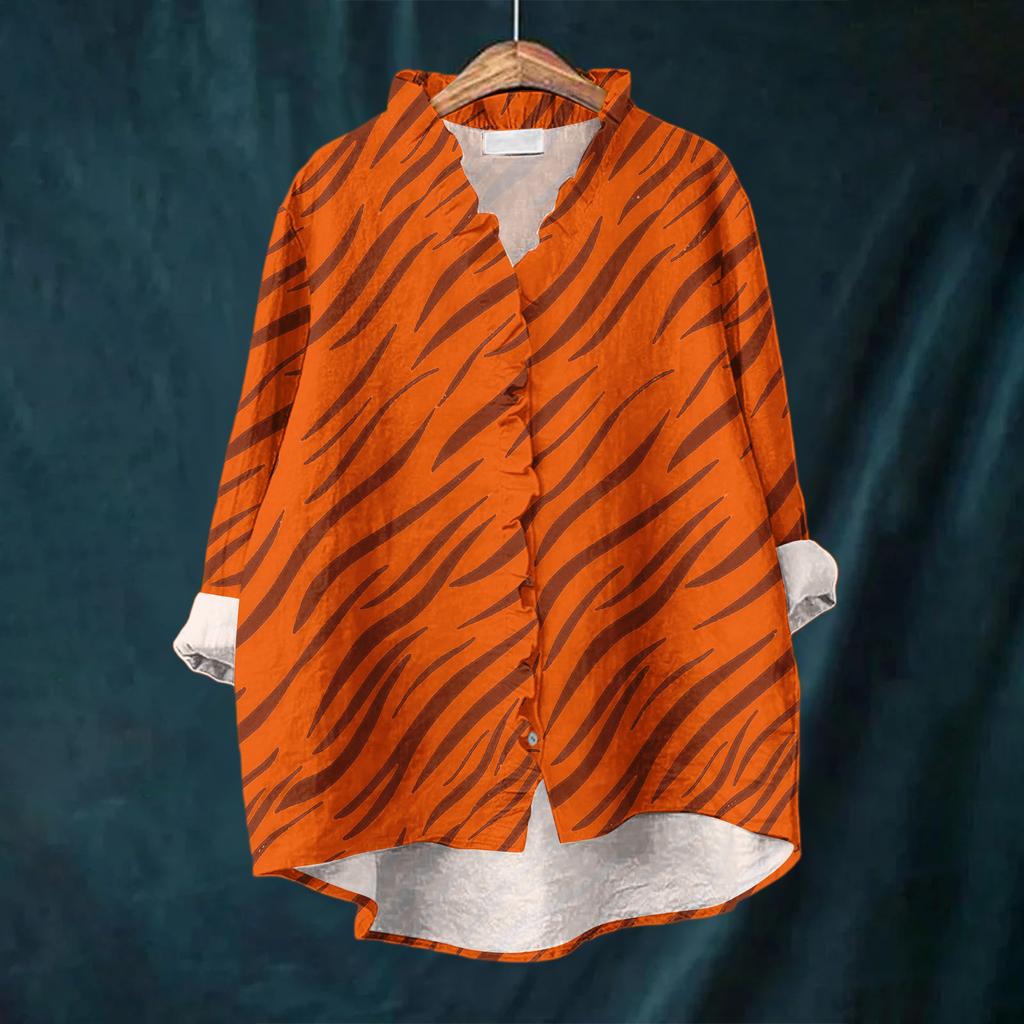 Women's Loose Ruffled Floral Print Stand Collar Long Sleeve Cotton And Linen Top