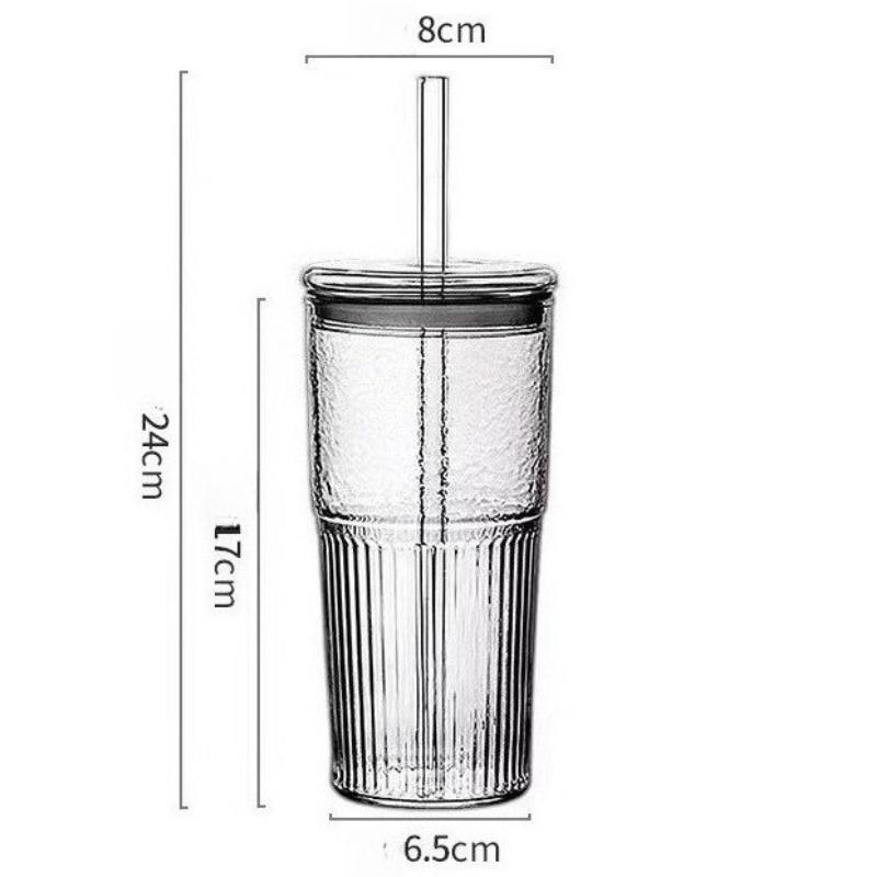 Stripe Glass Cup with Lid and Straw Transparent Drinking Glasses for Juice Iced Coffee Water Cup Outdoor Drinkware Mug