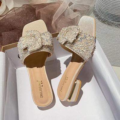 Mode 2024 Damen Sandalen Chunky Low Heel Fashion Flache Damen Strass Hausschuhe Damenschuhe Komfort Sommer Peep Toe Schuhe Slides