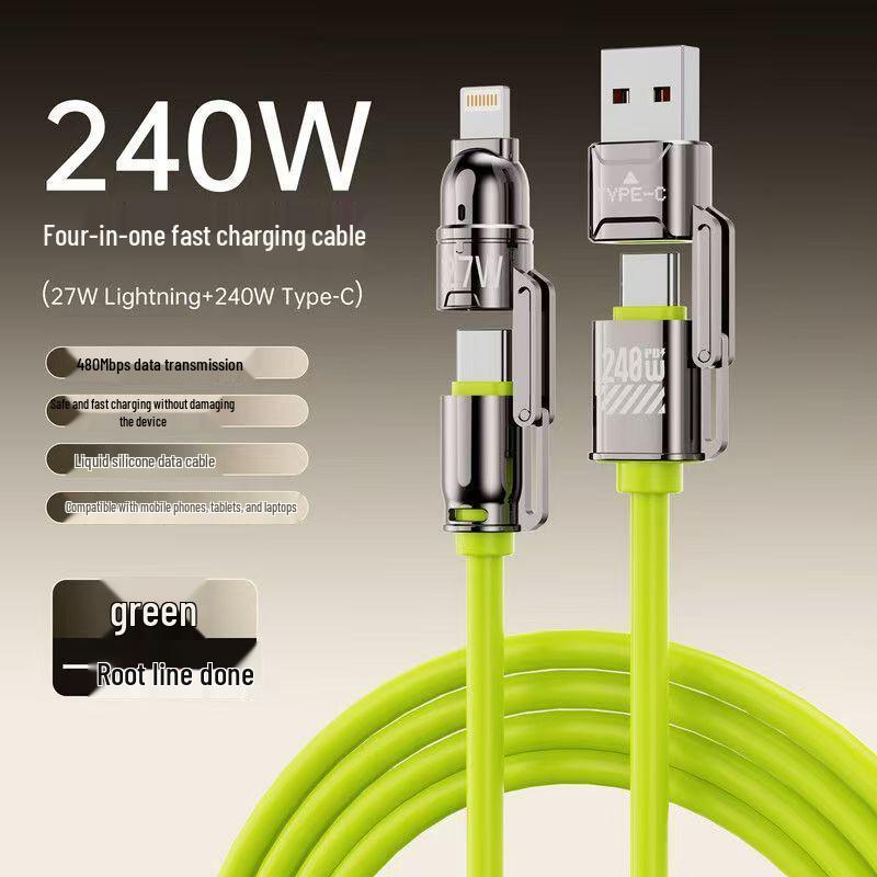 240W 4-in-1 Silicone Data Cable with Zinc Alloy Connectors for Super Fast Charging