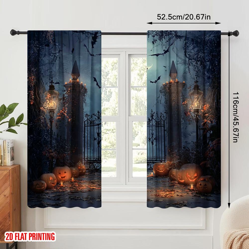 2pcs,2D Plane Printing Light Filtering Curtains Full Moon_ Gloomy Woods_ and Graveyard Versatile Durable Polyester (without Rod)