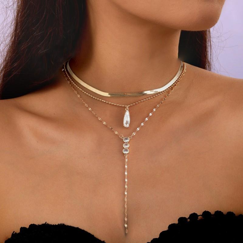 Elegant Rhinestone-Embellished Layered Snake Chain Necklace Women Gold Tone Drop Tassel Pendant Vintage-Inspired Choker Gold Tone Triple-Layer Stackable Necklace 2025-405