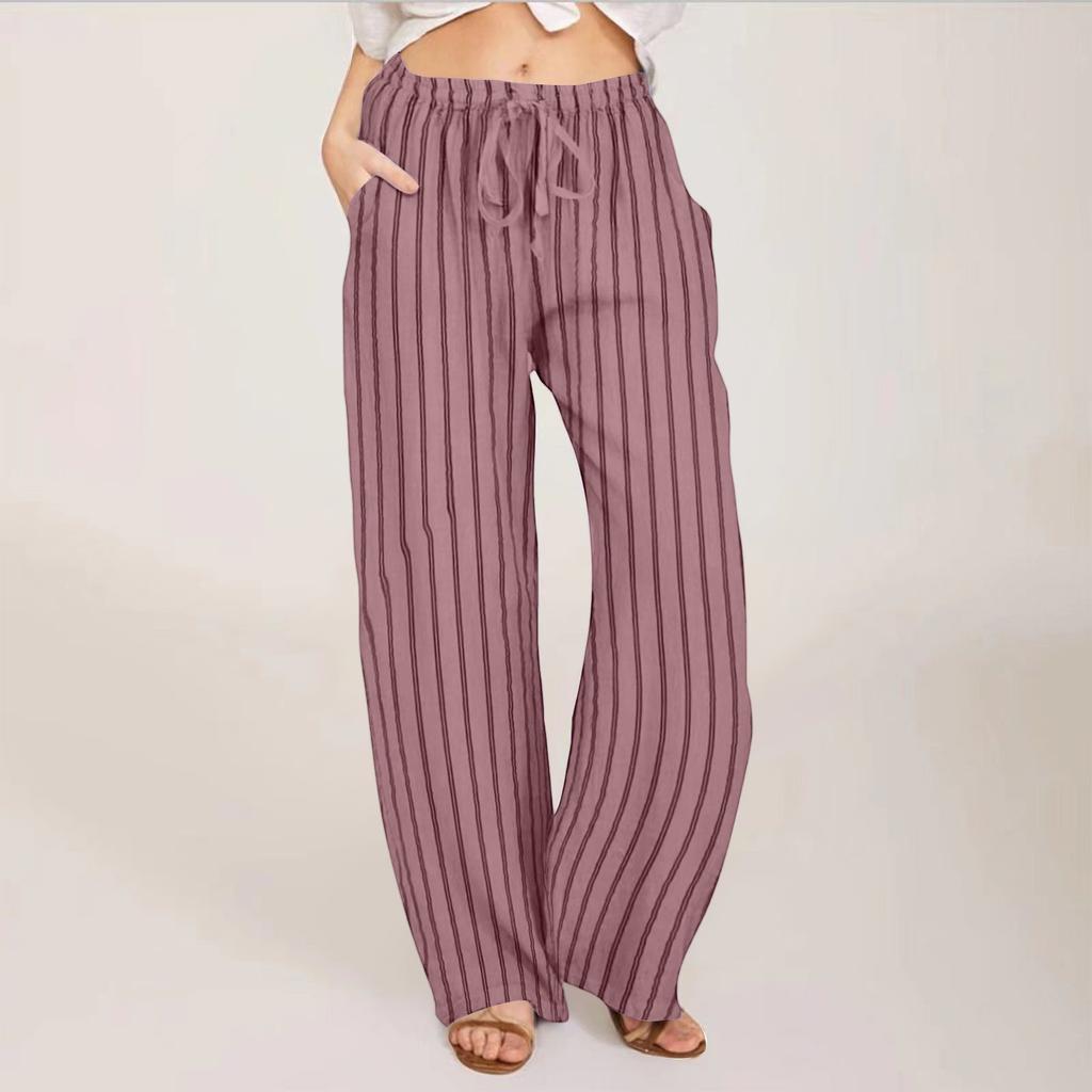 Ladies' Loose, Comfortable, Casual, Fashionable Striped Cotton And Linen Pants With Pockets