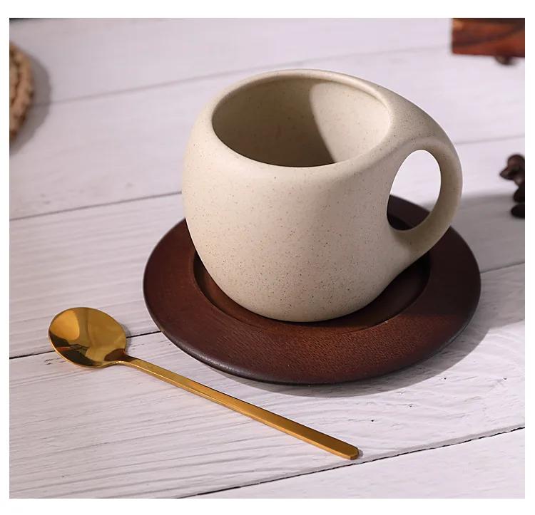 Ceramic coffee cup and saucer set retro latte American coffee cup wooden coasters tea cups spoon flower cups.