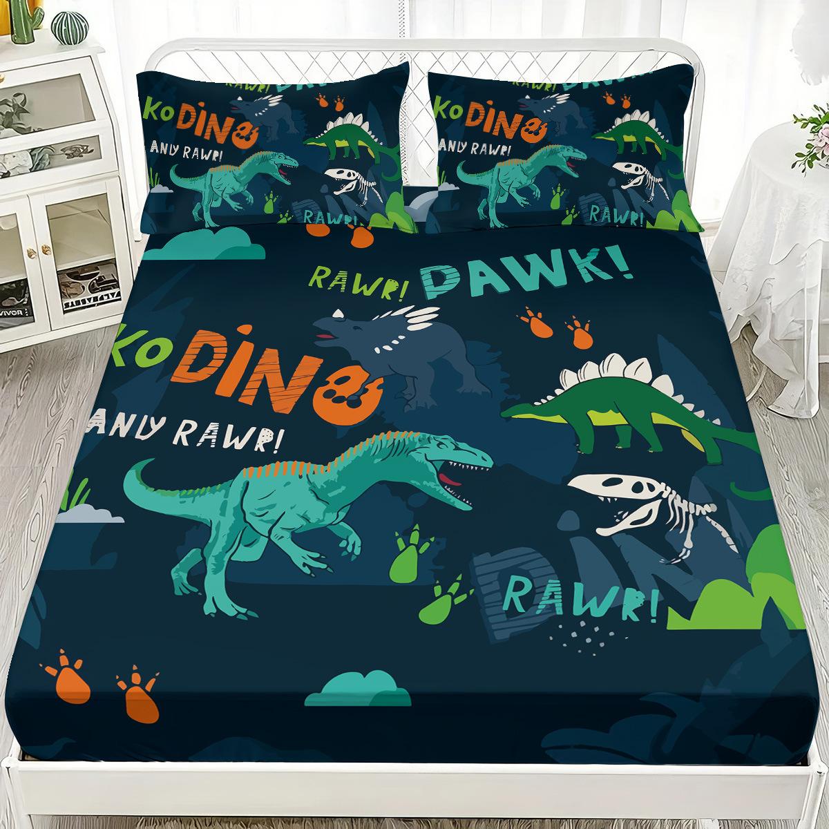 Ensemble de draps-housse en flanelle avec imprimé lettres de dinosaures 3 pièces Ensemble de literie avec taies d'oreiller Housse de lit pour enfants Jupe Linge de lit chaud pour enfants 100x191cm