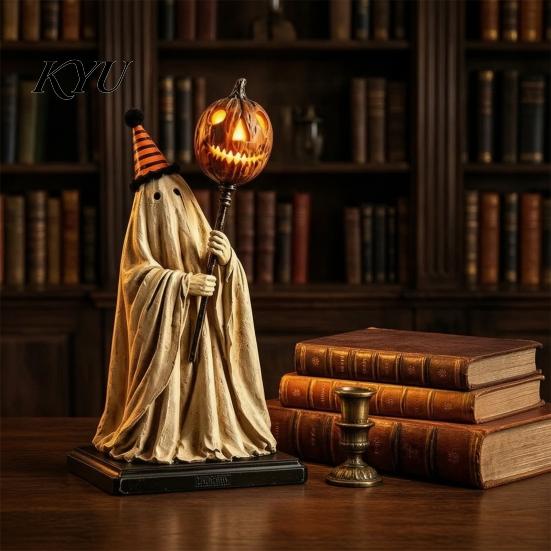 Lustige Halloween-Party-Dekoration, beleuchtete Geisterfigur mit Fernbedienung, Vintage-Harzstatue, leuchtender Kürbis, mysteriöse Feiertagsatmosphäre, Geschenk