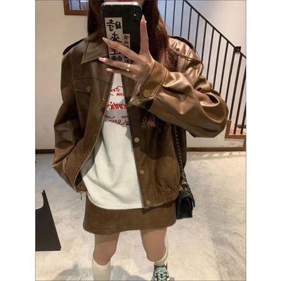 Fashionable Women's Short PU Leather Jacket American Style Loose Fit Autumn Spring Outerwear