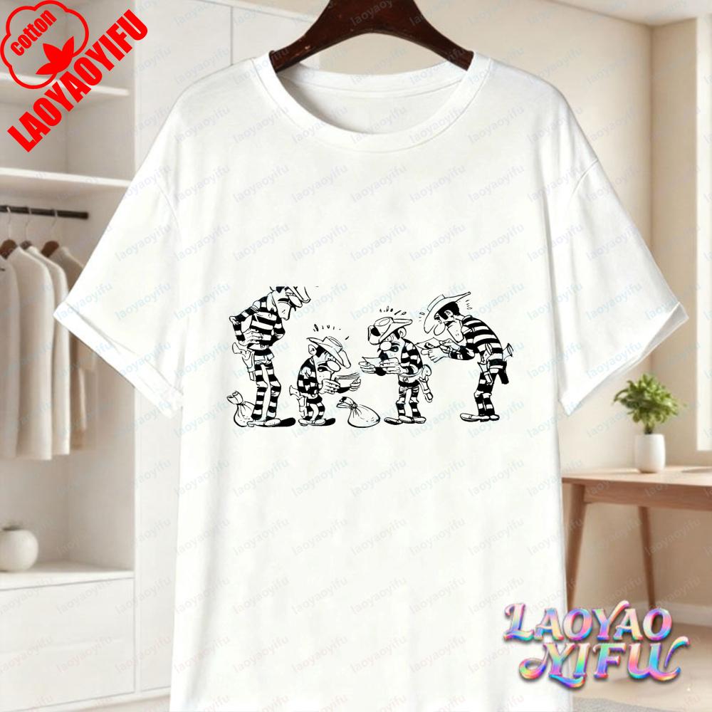 Lucky Luke Vollbesetzung Druck Lässige Oberteile Verspieltes West-Cartoon Baumwoll-T-Shirt Lustiges Vintage Klassisches Anime-Shirt Trend Unisex Kleidung