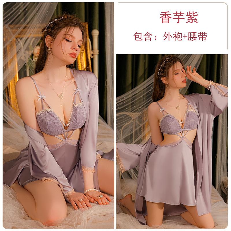 Women's Satin Lace V Neck Padded Cutout Cami Sleep Dress with Robe Lounge Set