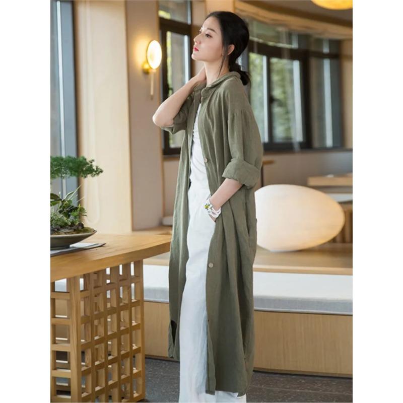 Women Vintage Linen Long Shirts Solid Color Long Sleeve Blouses Spring Button Turn Down Collar Shirt