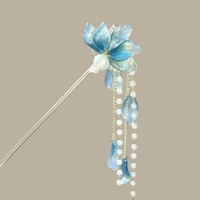 Rosa/Weiß/Blau Blume Haarstäbe Goldfarbene Legierung Haarnadel Antike Chinesische Florale Kopfstücke Perlen Anhänger Haarschmuck