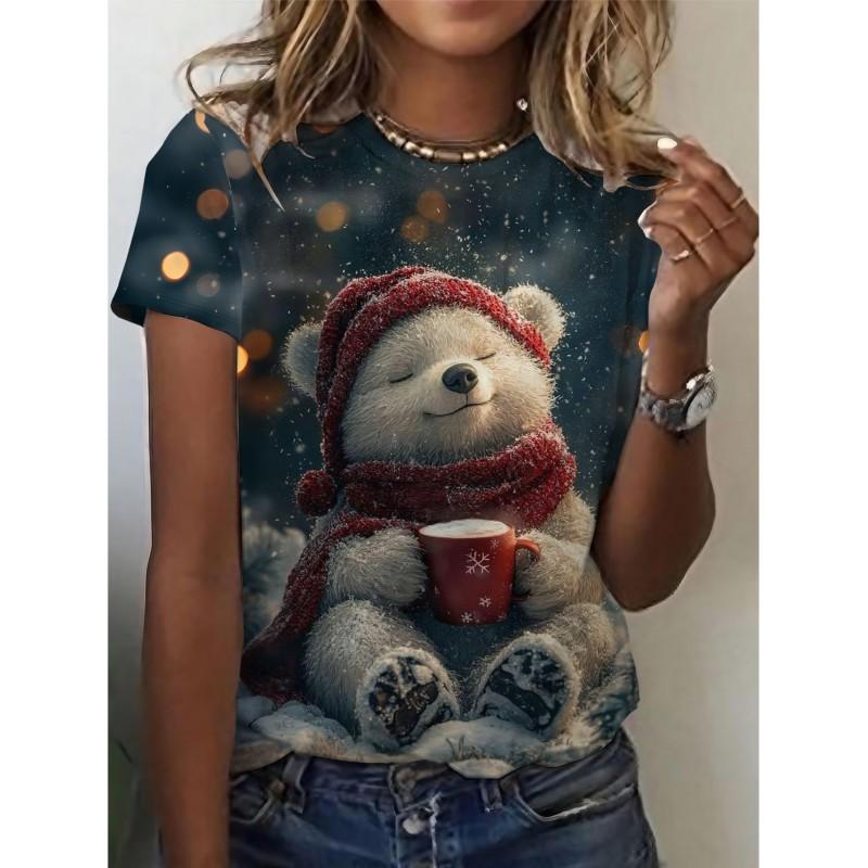 Womens Slim Fit Round Neck Short Sleeve T-Shirt With 3D Santa Claus Print Soft Cotton-Feel Fabric Casual Office Wear