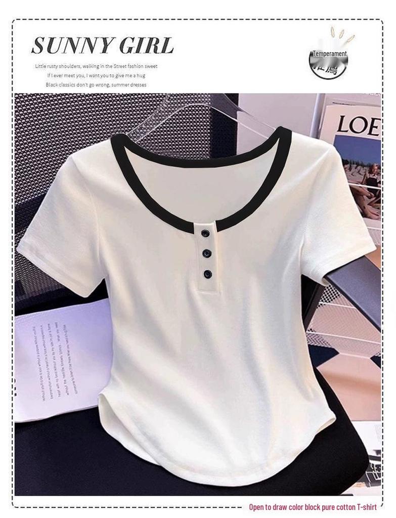 Damen 2025 Sommer Koreanischer Stil Schlankmachendes Baumwoll-Kurzarm-T-Shirt - Trendiges und Vielseitiges Oberteil