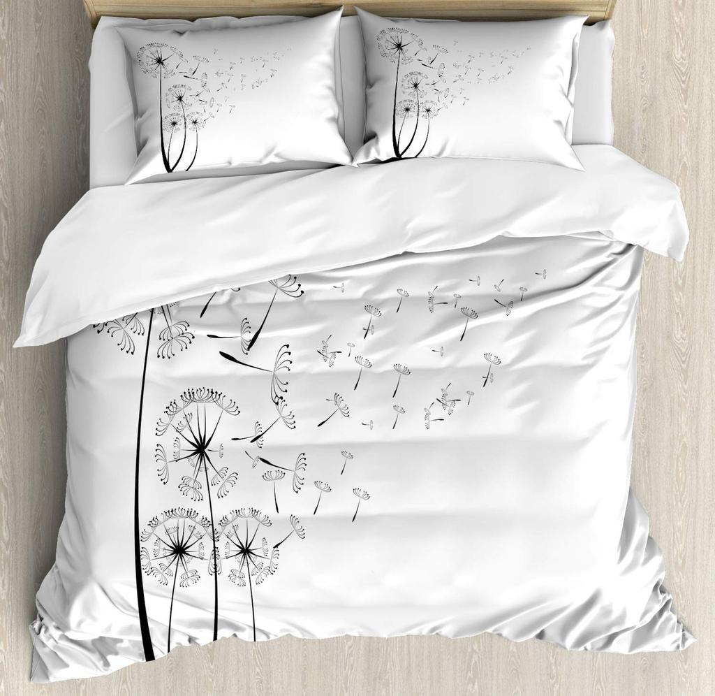 Dandelion Duvet Cover Flower Romance Theme Black and White Bedding Set Boys Girls Teens Microfiber Comforter Cover with Zipper