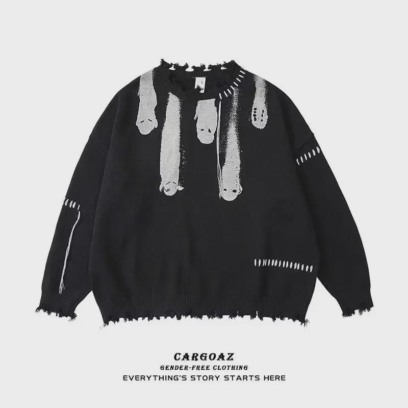 Dámský vintage pletený svetr s dírami - Americký retro styl, volný střih, podzimní/zimní design