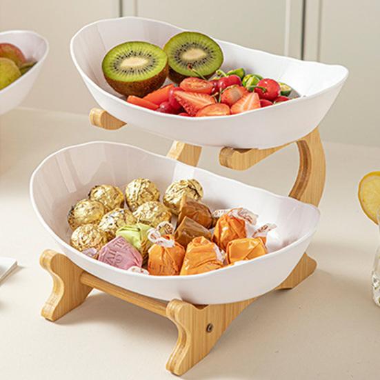 Multi Layer Fruit Basket with Bamboo Stand, Plastic Tiered Snack Tower for Candy Nuts, Space Saving Kitchen Counter Organizer for Living Room