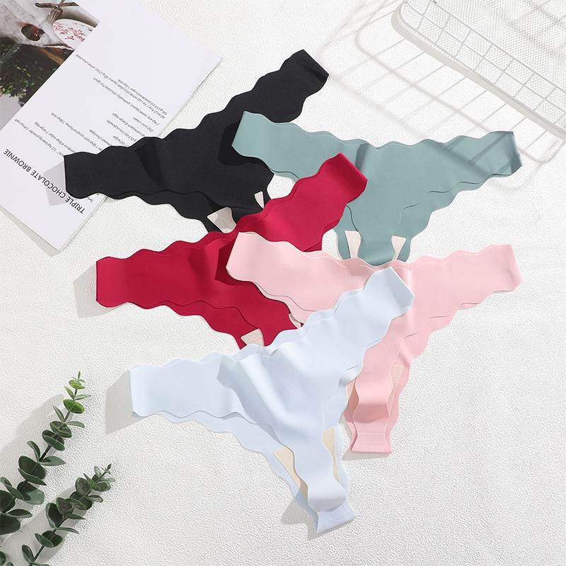 FINETOO 5Pcs/Set Women's Seamless Thong Underwear Wavy Edge No Show Soft Stretch Low Rise Invisible Panties for Daily Wear
