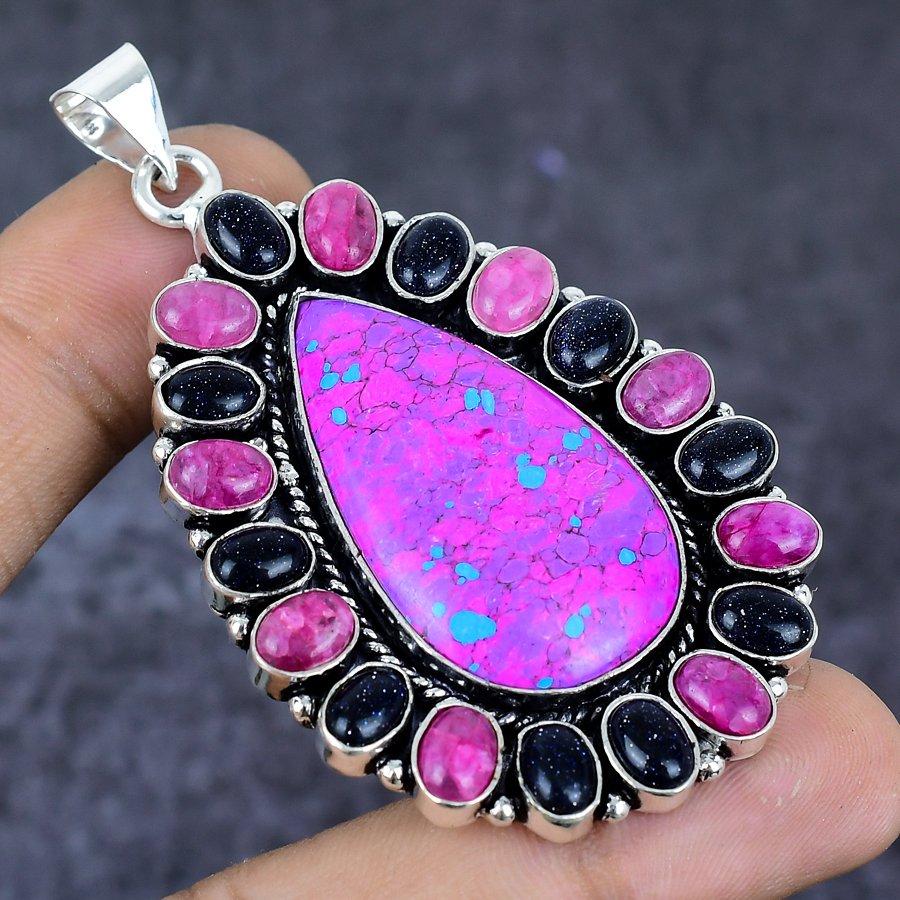 Natural Copper Turquoise, Onyx 925 Sterling Silver Jewelry Pendant 2.68" ETC-13785