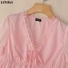 VONDA Women V Neck Short Sleeve Lace Hem Sheer Patchwork Casual Blouse Tops