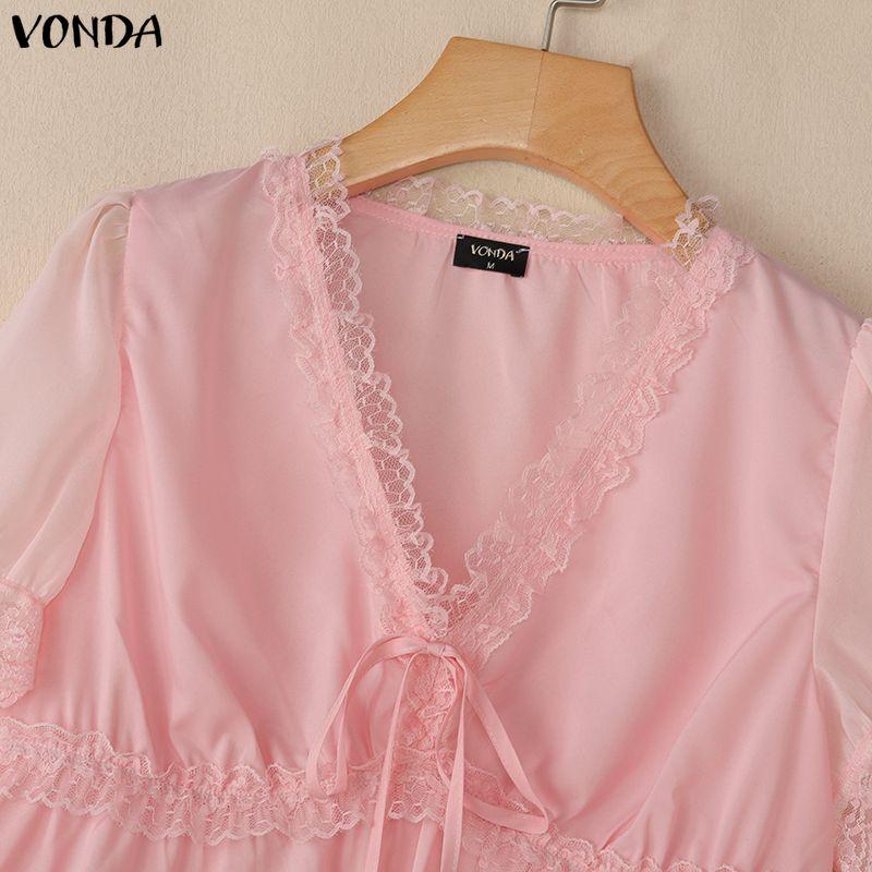 VONDA Women V Neck Short Sleeve Lace Hem Sheer Patchwork Casual Blouse Tops