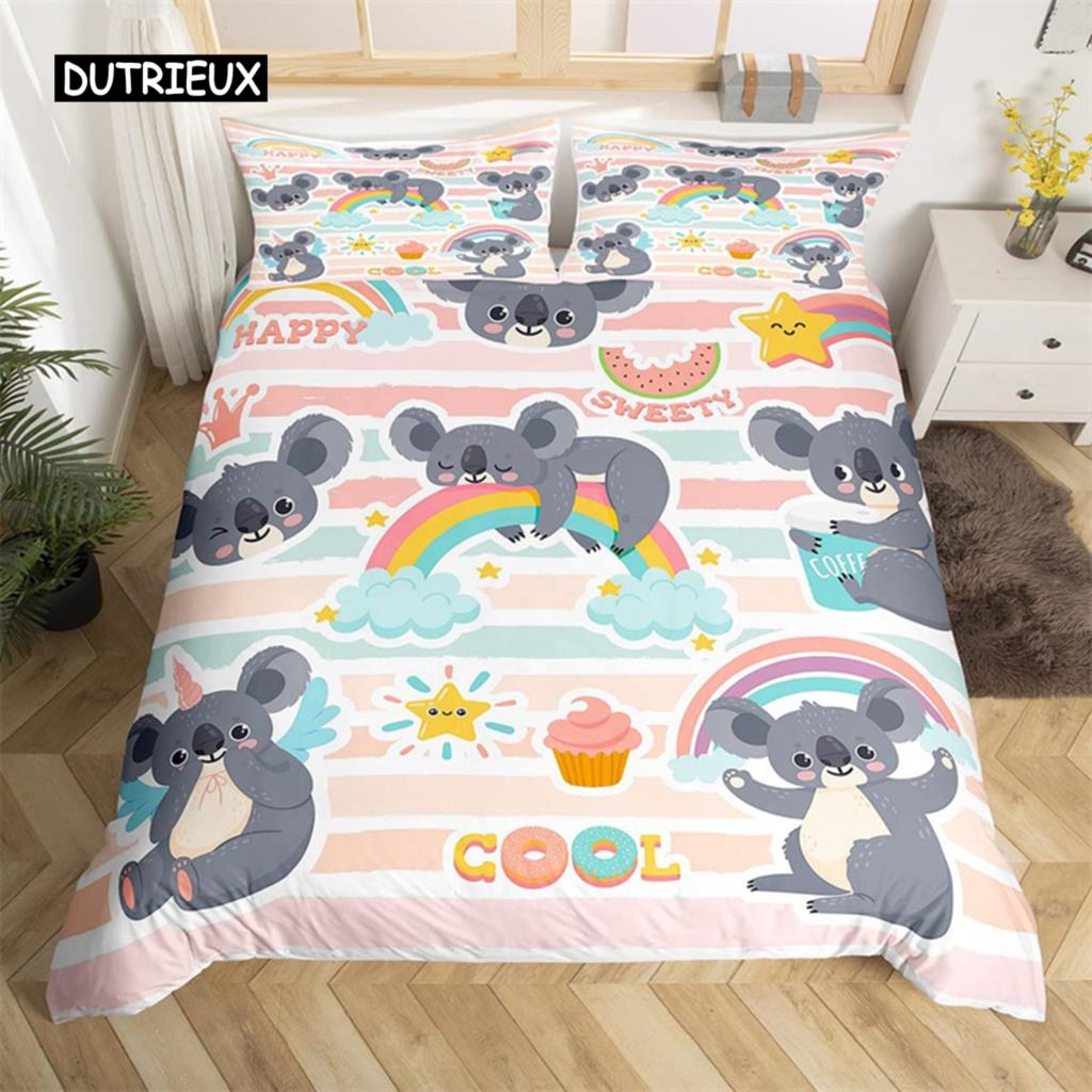 3D Koala Duvet Cover Set Microfiber Cartoon Leaves Baby Bear Australian Wildlife Themed  Bedding Set Queen Size Comforter Cover