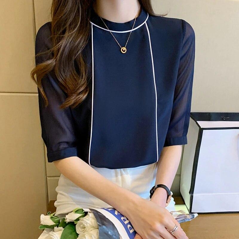 

Летняя женская блузка с круглым вырезом, темно-синяя шифоновая рубашка, офисная женская модная одежда с короткими рукавами, топы Blusas Mujer De Moda 2023 19625 L темно-синий