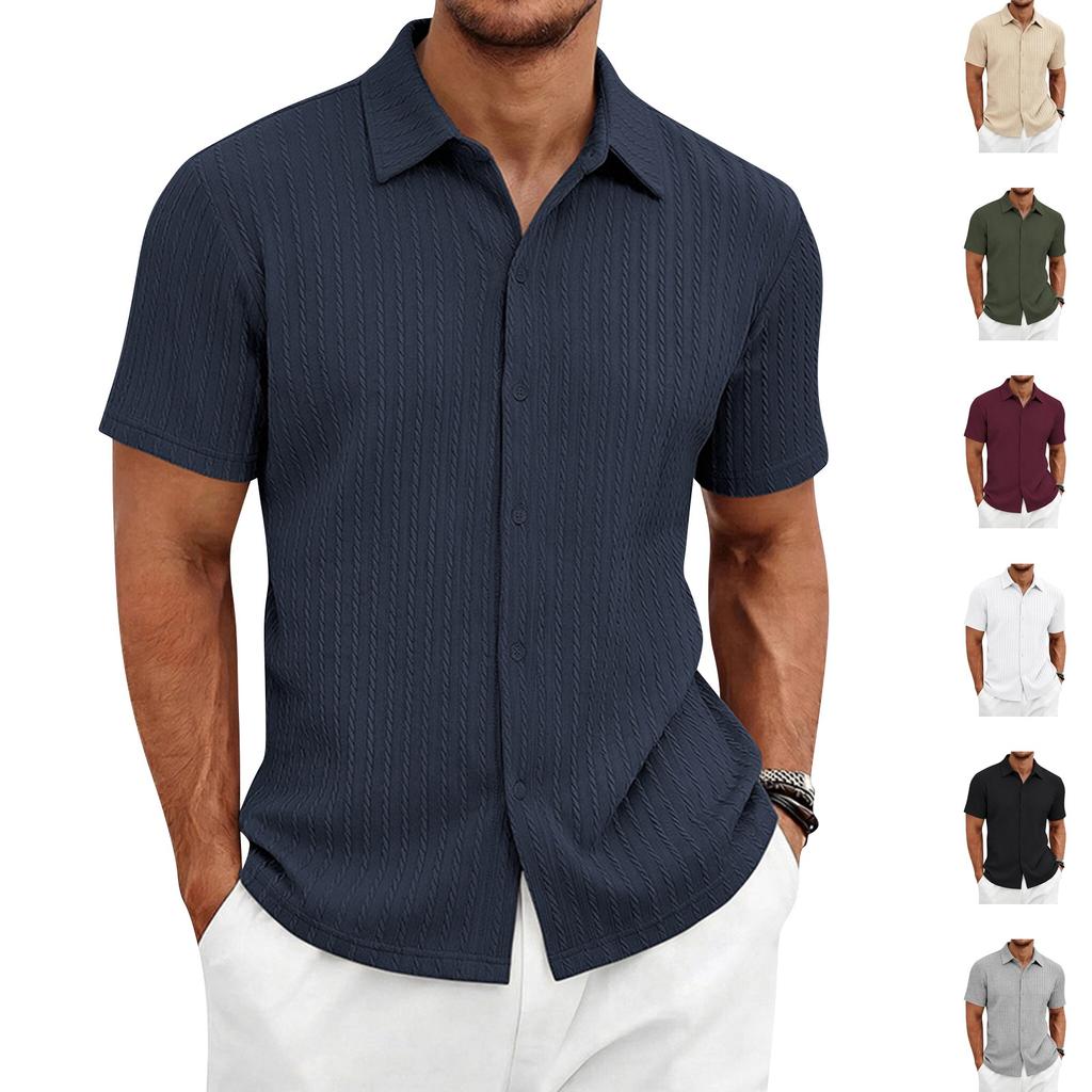 Men's Textured Knit Short Sleeve Shirt Casual Simple Button Down Polo Collar Shirt Summer Lightweight Breathable Fabric