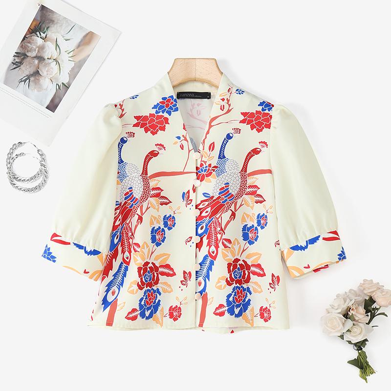 

ZANZEA Женская повседневная блузка с V-образным вырезом, летняя, с принтом, с рукавом три четверти S абрикосовый